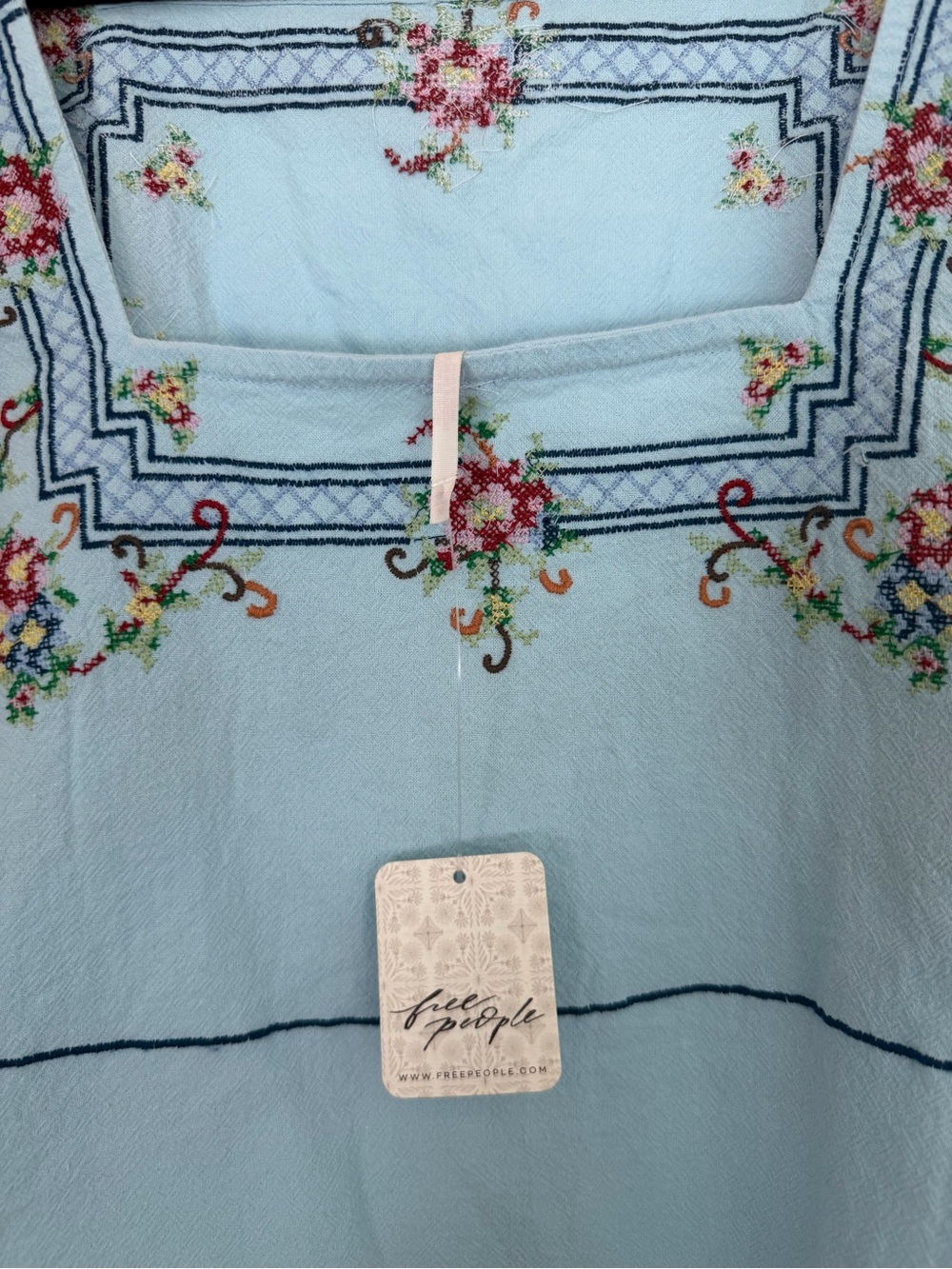 Free People Light Blue Embroidered Square-Neck Tie-Side Tank - Picture 7 of 10